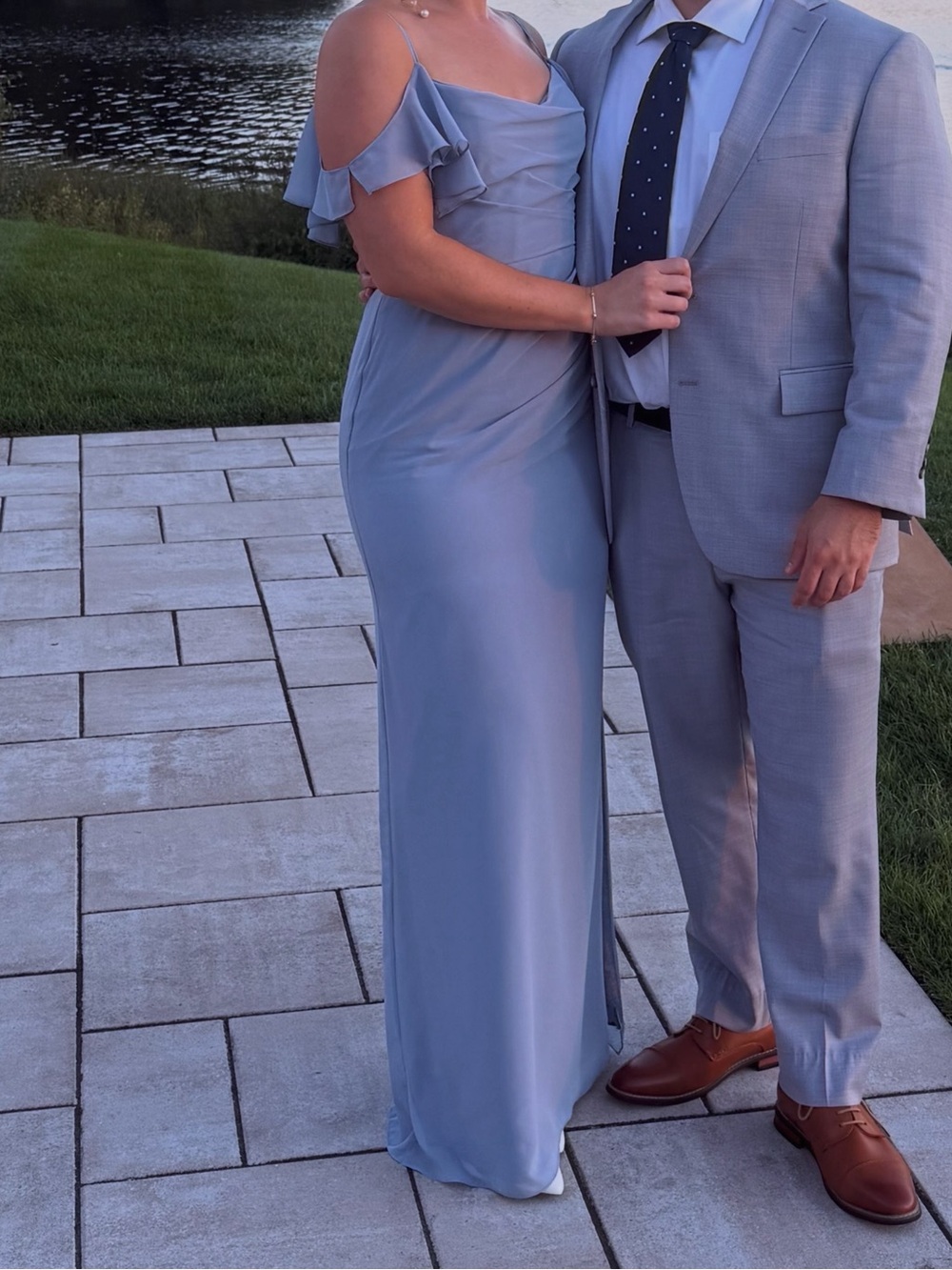 Azazie Light Blue Off-Shoulder Satin Bridesmaid Gown